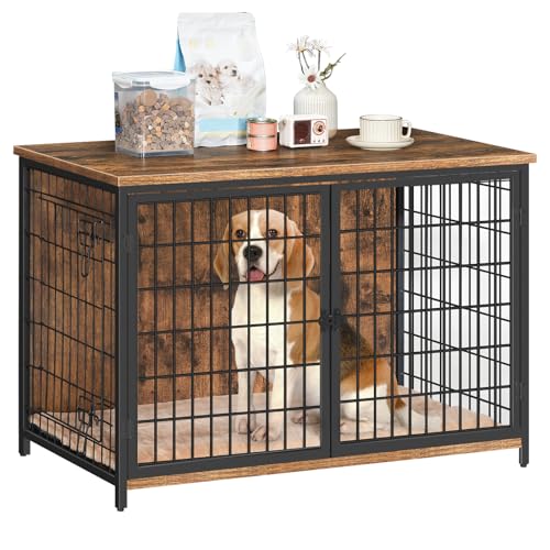 Wooden Dog Crate Furniture with Cushion, Double Doors, Greige X29262
