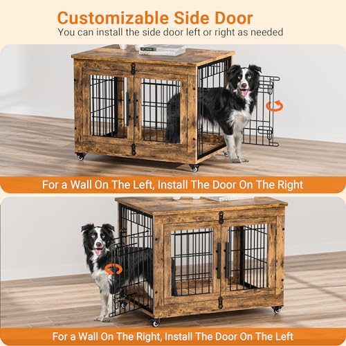 Lulive Dog Crate Furniture for Medium Dogs, 32" Wooden Kennel with Cushion & Wheels, Grey D230281