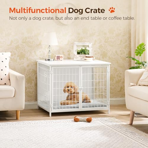 Wooden Dog Crate Furniture with Cushion, Double Doors, Greige X29262