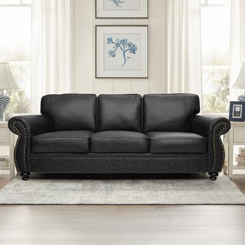 Mid-Century 3-Seater Sofa with Rivet Design, Removable Cover and Solid Wood Frame I150