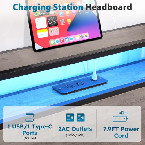 Full Size Bed Frame with Headboard, LED Lights, 4 Storage Drawers, Charging Station, Black C93321