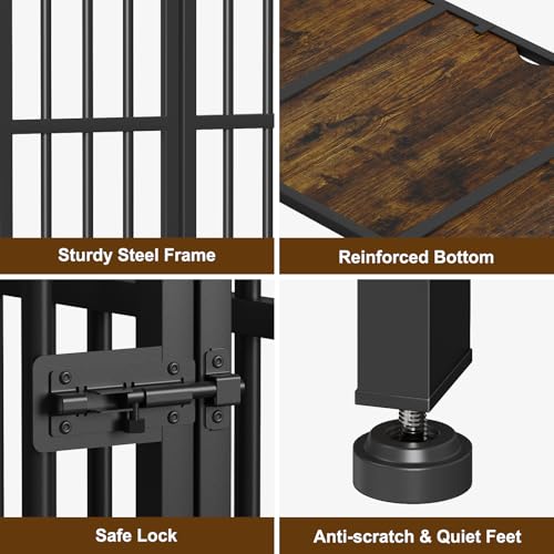Easycom 41" Foldable Dog Crate Furniture with Adjustable Bowls, Rustic Brown M74490