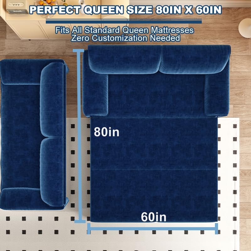Queen Size Futon Sofa Bed with 2 Pillows, Blue V9731