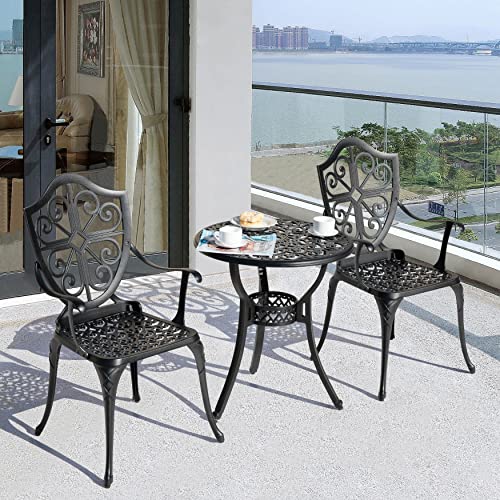 NUU GARDEN 3 Piece Cast Aluminum Bistro Set with Umbrella Hole, Black N80118