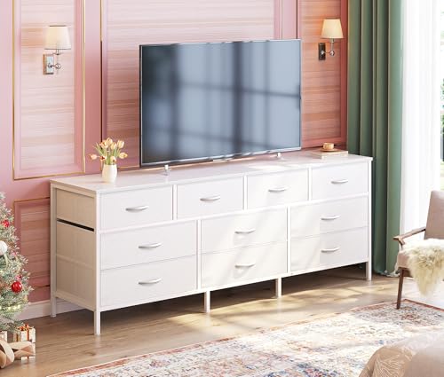 Huuger 63 Inch Dresser with 10 Fabric Drawers, Rustic Brown M836