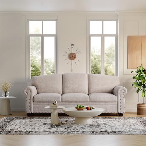 90 Inch Nailhead Trim Chenille Sofa for Living Room, Beige L968714