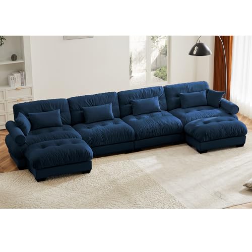 130" Modular Sectional Sofa with Movable Ottoman, Velvet Upholstered, Green Y4976