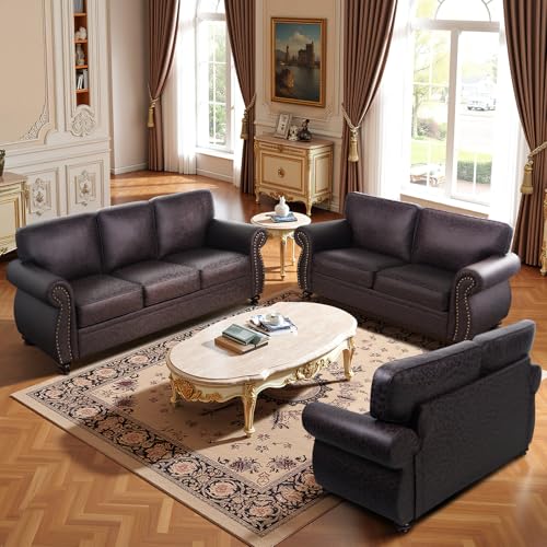 Mid-Century 3-Seater Sofa with Rivet Design, Removable Cover and Solid Wood Frame I150