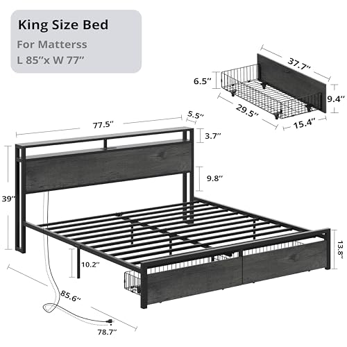 LIKIMIO King Bed Frame with Storage Headboard and Charging Station, Vintage Brown X317