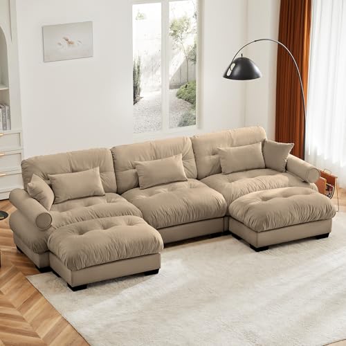130" Modular Sectional Sofa with Movable Ottoman, Velvet Upholstered, Green Y4976