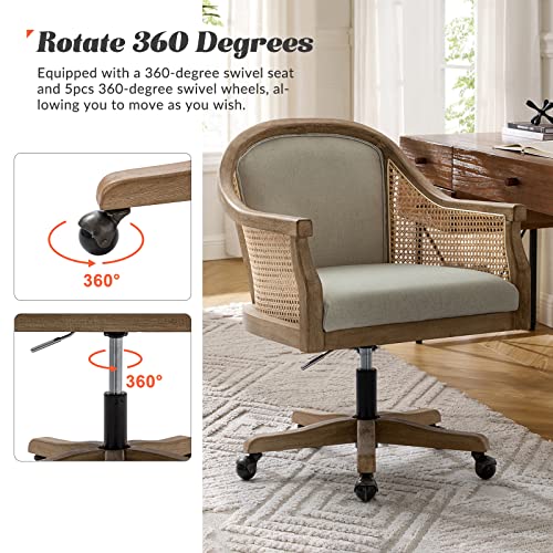 HULALA HOME Rattan Desk Chair, Upholstered Swivel Office Chair with Armrest, Ivory Z2505