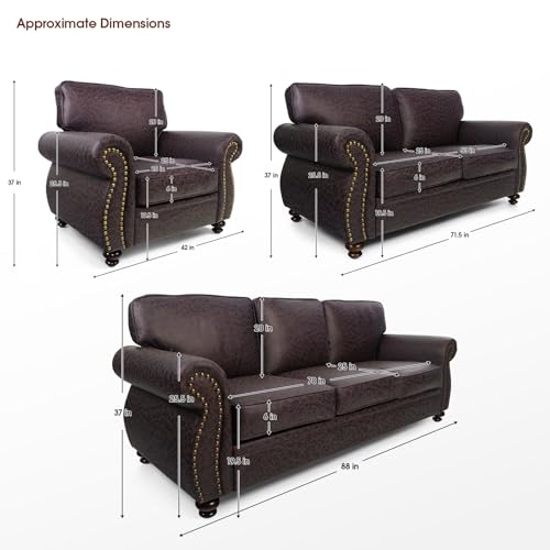 Mid-Century 3-Seater Sofa with Rivet Design, Removable Cover and Solid Wood Frame I150