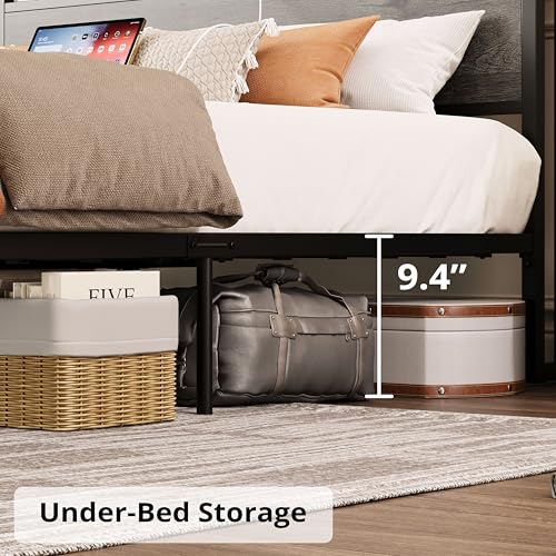 LIKIMIO King Bed Frame with Storage Headboard and Charging Station, Vintage Brown X317