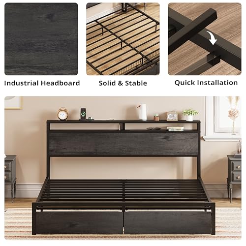 LIKIMIO King Bed Frame with Storage Headboard and Charging Station, Vintage Brown X317