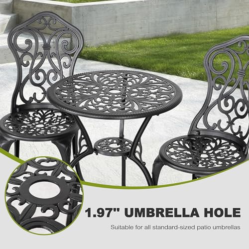 NUU GARDEN 3 Piece Cast Aluminum Bistro Set with Umbrella Hole, Black N80118