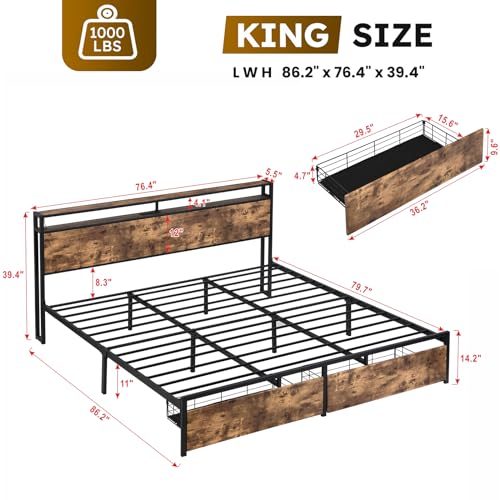 Full Size Bed Frame with Headboard, LED Lights, 4 Storage Drawers, Charging Station, Black C93321