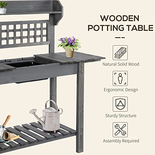 Outsunny Wooden Potting Bench Table with Sliding Tabletop and Storage Shelf M52235