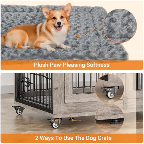 Lulive Dog Crate Furniture for Medium Dogs, 32" Wooden Kennel with Cushion & Wheels, Grey D230281