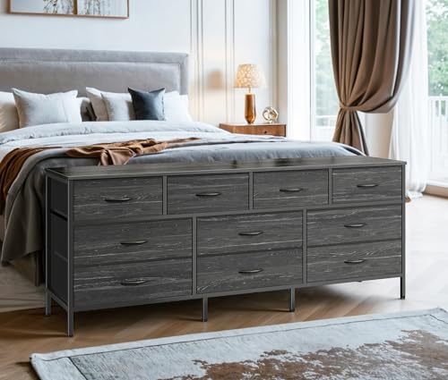 Huuger 63 Inch Dresser with 10 Fabric Drawers, Rustic Brown M836
