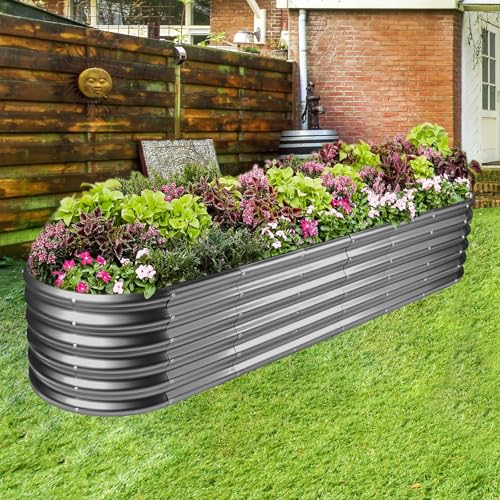 Land Guard 8ft Galvanized Raised Garden Bed Kit, Oval Metal Outdoor Planter Box, Silver D8675