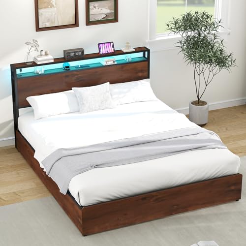 Queen Size Bed Frame with 4 Storage Drawers, LED, Charging Station, Gray L1115