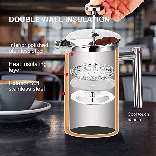 Secura French Press Coffee Maker, 34oz Stainless Steel Insulated, Silver W447