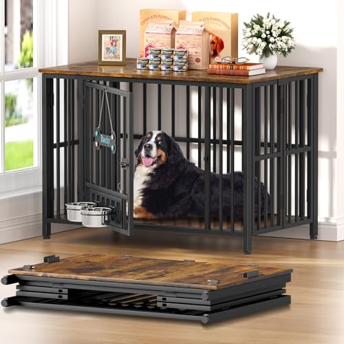 Easycom 41" Foldable Dog Crate Furniture with Adjustable Bowls, Rustic Brown M74490
