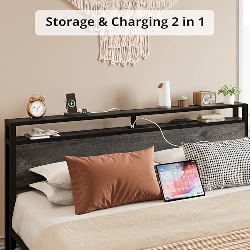 LIKIMIO King Bed Frame with Storage Headboard and Charging Station, Vintage Brown X317