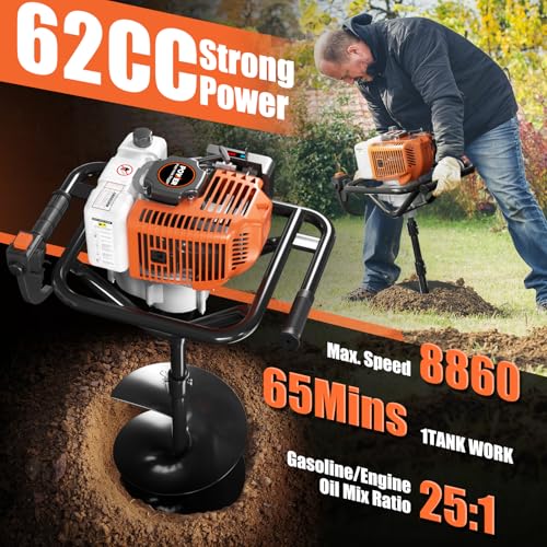 62cc Gas Powered Post Hole Digger with 2 Auger Drill Bits Q5993