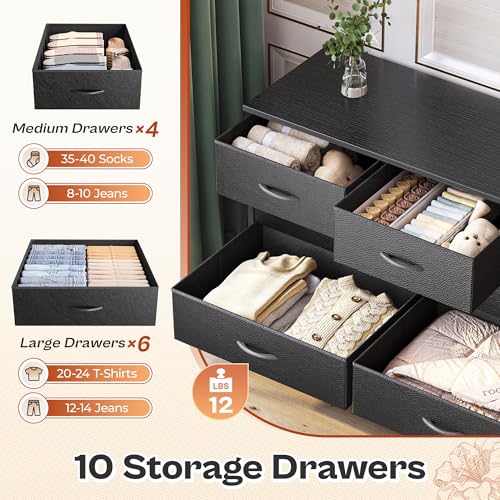Huuger 63 Inch Dresser with 10 Fabric Drawers, Rustic Brown M836