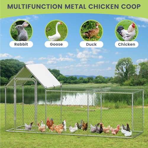 Large Metal Chicken Coop with Waterproof Cover, Walk-in Pen for Yard and Farm X107761