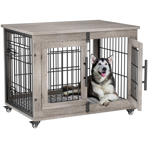 Lulive Dog Crate Furniture for Medium Dogs, 32" Wooden Kennel with Cushion & Wheels, Grey D230281