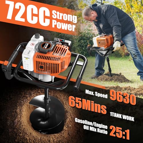 62cc Gas Powered Post Hole Digger with 2 Auger Drill Bits Q5993