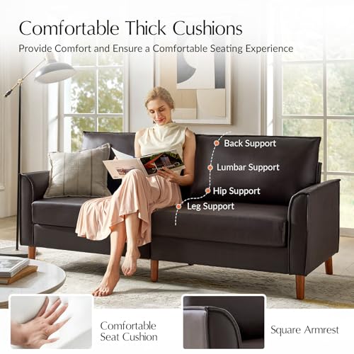 HULALA HOME 78" Faux Leather Sofa with Solid Wood Legs, Brown W53231
