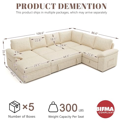 108 Inch U-Shaped Sectional Sleeper Sofa with Pull Out Bed, Dark Grey J60928