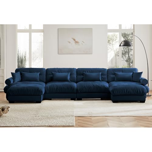130" Modular Sectional Sofa with Movable Ottoman, Velvet Upholstered, Green Y4976