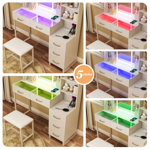 White Vanity Desk with Mirror and LED Lights, Wireless Charging L6741