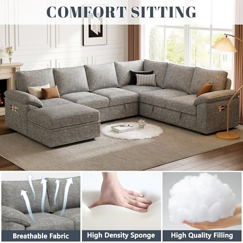 108 Inch U-Shaped Sectional Sleeper Sofa with Pull Out Bed, Dark Grey J60928