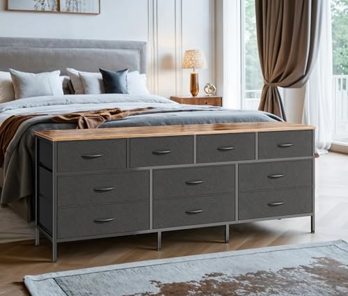 Huuger 63 Inch Dresser with 10 Fabric Drawers, Rustic Brown M836