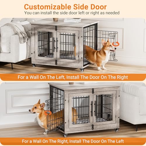 Lulive Dog Crate Furniture for Medium Dogs, 32" Wooden Kennel with Cushion & Wheels, Grey D230281