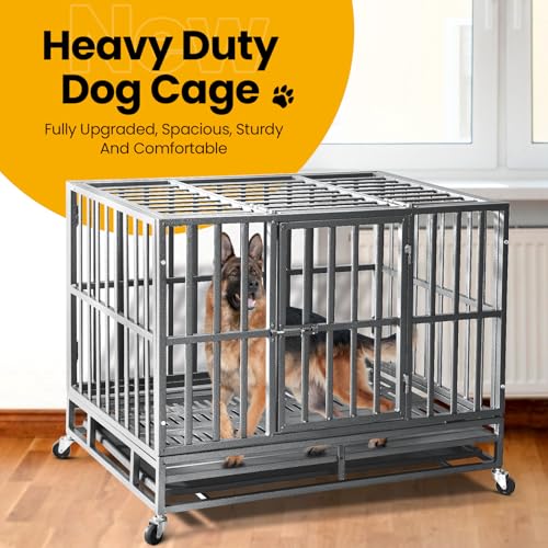 Oranland 48 inch Heavy Duty Dog Crate for Large Dogs, Double Door with Wheels J273901