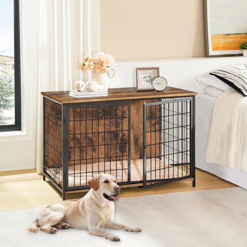 Wooden Dog Crate Furniture with Cushion, Double Doors, Greige X29262
