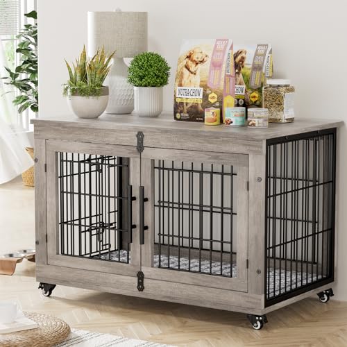 Lulive Dog Crate Furniture for Medium Dogs, 32" Wooden Kennel with Cushion & Wheels, Grey D230281