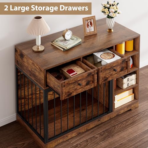 IDEALHOUSE 47" Large Dog Crate Furniture with 2 Drawers, Wooden Kennel for Medium Large Dogs, Black W8906