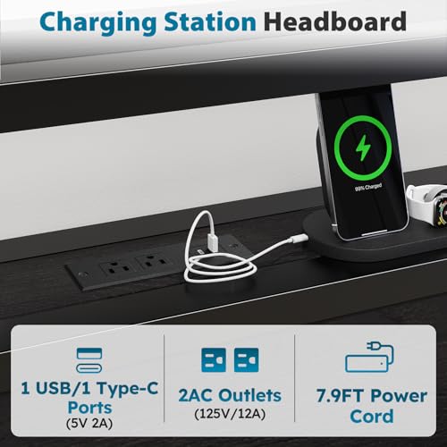Full Size Bed Frame with Headboard, LED Lights, 4 Storage Drawers, Charging Station, Black C93321