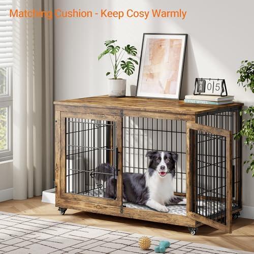 Lulive Dog Crate Furniture for Medium Dogs, 32" Wooden Kennel with Cushion & Wheels, Grey D230281