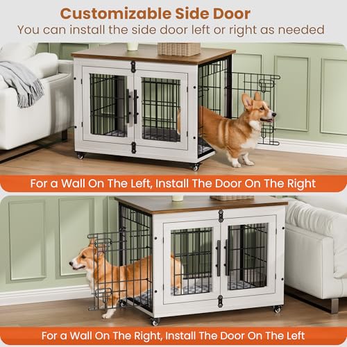 Lulive Dog Crate Furniture for Medium Dogs, 32" Wooden Kennel with Cushion & Wheels, Grey D230281