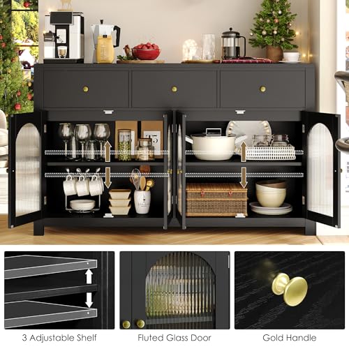FINETONES Buffet Cabinet with Storage, 55.1" Farmhouse Sideboard, Black C356454
