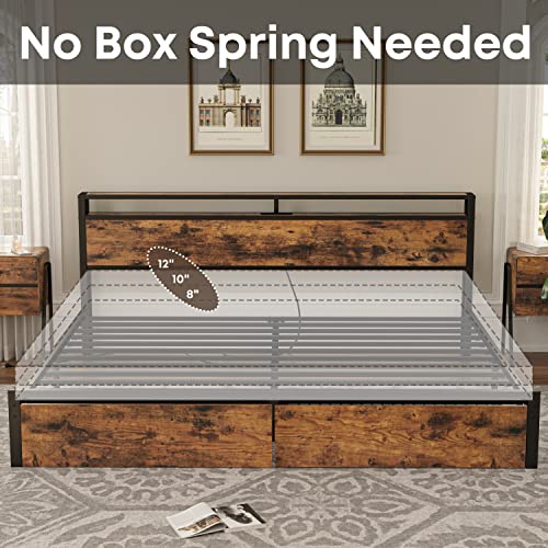 LIKIMIO King Bed Frame with Storage Headboard and Charging Station, Vintage Brown X317