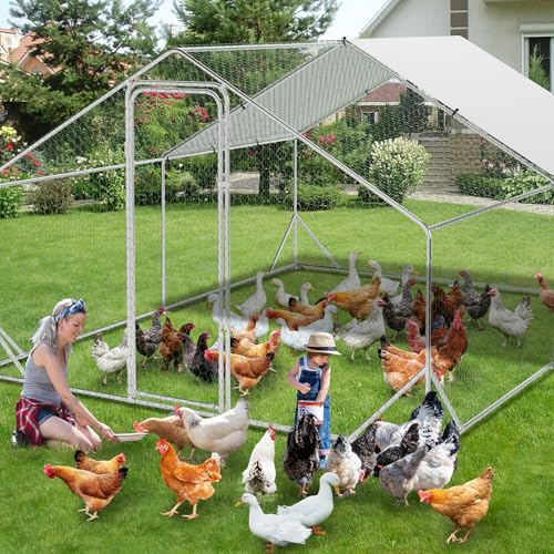 Large Metal Chicken Coop Walk-in Poultry Cage with Waterproof Cover, Double Lockable Doors X5588
